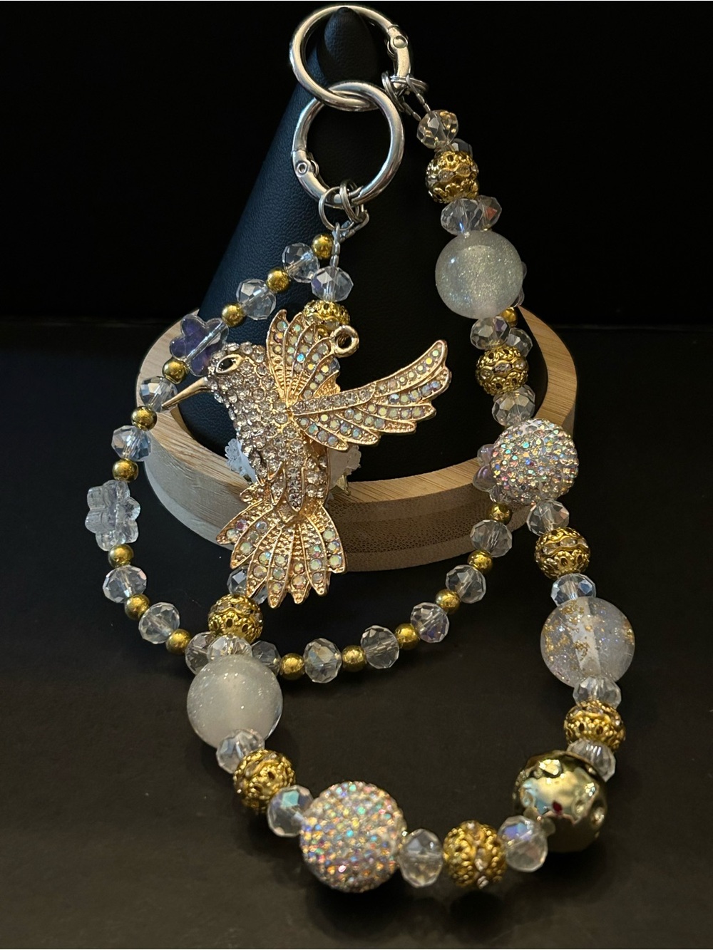 Gold Crystal Hummingbird Bag Charm Bag Necklace Key Holder — White & Gold Beaded